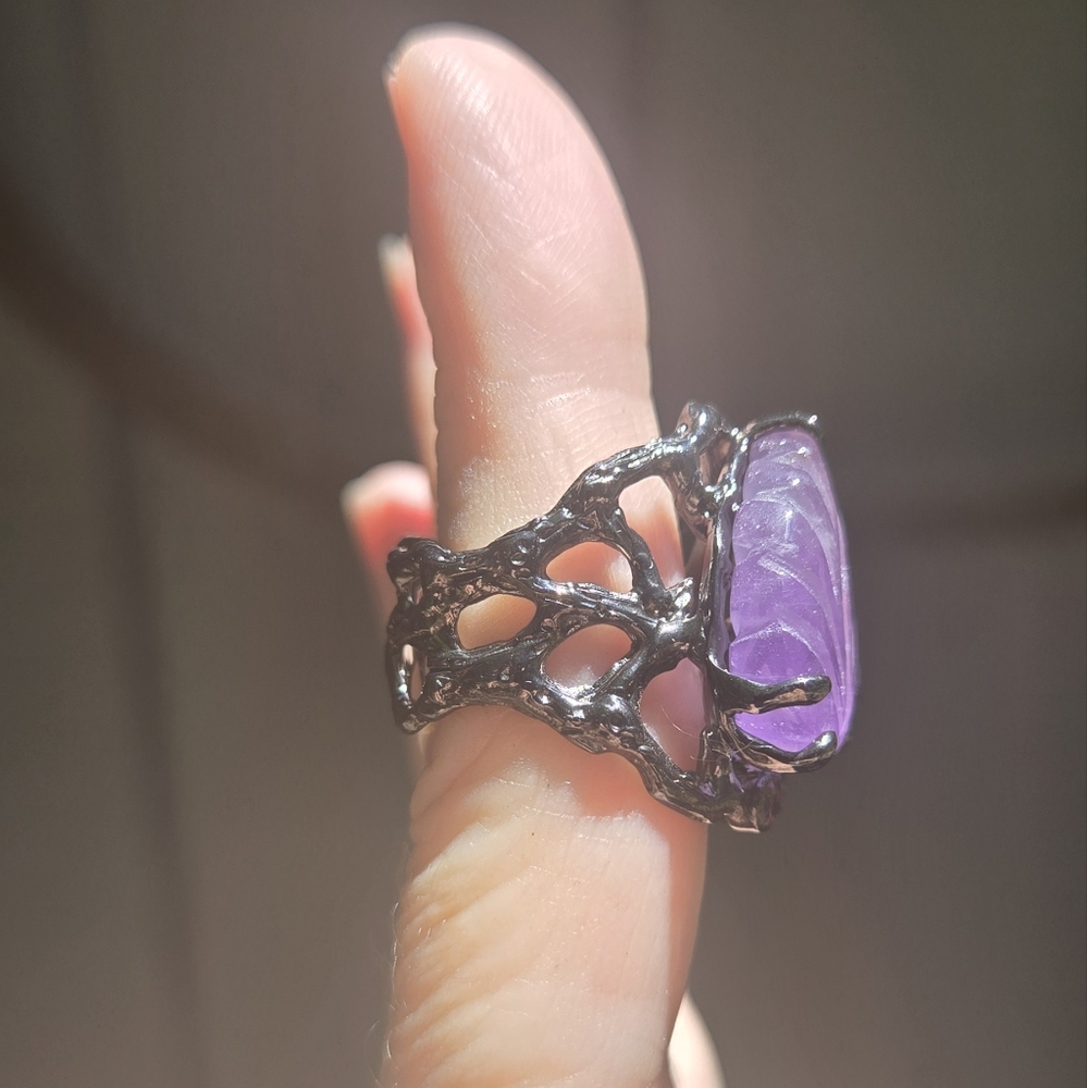 Amethyst 12k leaf & Rhodalite sterling & rhodium ring sz7 - Picture 4 of 10